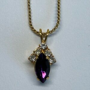 Vintage Purple Rhinestone Necklace & Earrings Set Gold Tone Marquise
